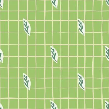 Geometric style seamless pattern with doodle leaf ornament. Light green backg Stock Illustration