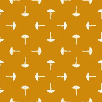 Geometric style seamless pattern with doodle white mushroom shapes. Brown bac Stock Illustration
