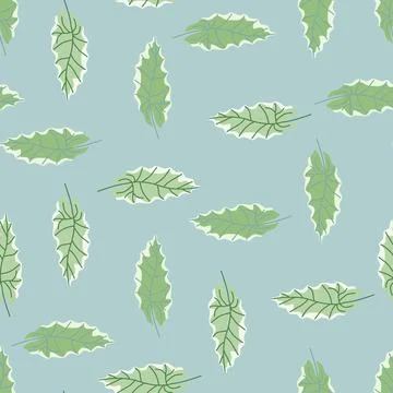 Geometric style seamless pattern with green doodle leaf ornament. Blue backgr Stock Illustration
