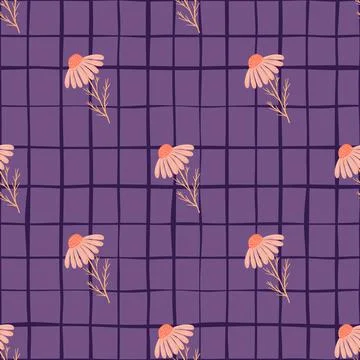 Geometric style seamless pattern with pink daisy flowers elements print. Purp Illustrazione stock