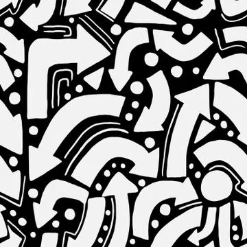 Geometric symbol arrow seamless pattern. White elements on black background.  Stock Illustration