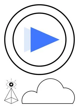 Geometric symbols with play button, pyramid with eye, and stylized cloud fo.. Illustrazione stock