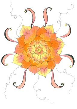 Geometric symmetrical pattern with a fiery lush flower with curved peach leaves Illustrazione stock