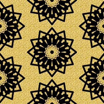 Geometric symmetrical seamless pattern gold black shimmer, sparkling arabic p Illustrazione stock