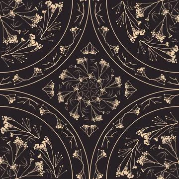 Geometric symmetrical seamless pattern with herbarium elements. 库存插图