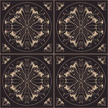 Geometric symmetrical seamless pattern with herbarium elements. Stock Illustration