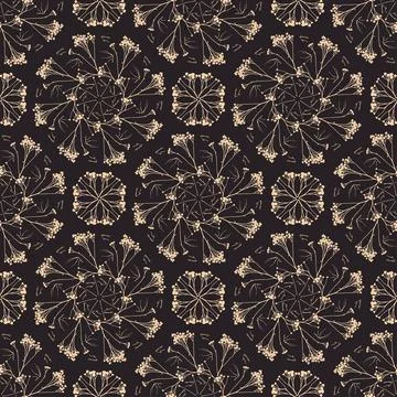 Geometric symmetrical seamless pattern with herbarium elements. Stock Illustration