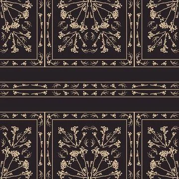 Geometric symmetrical seamless pattern with herbarium elements. Stock Illustration