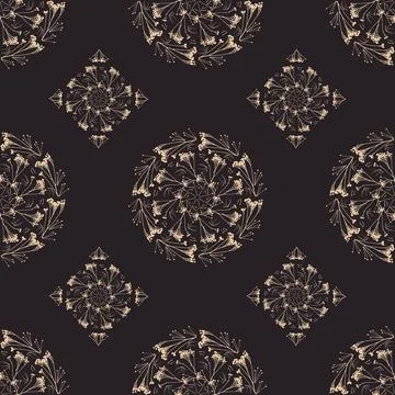 Geometric symmetrical seamless pattern with herbarium elements. Stock Illustration