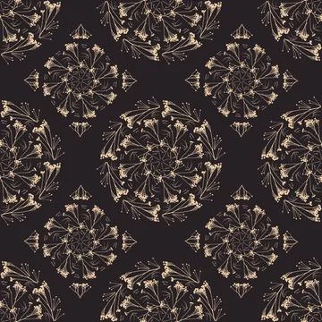 Geometric symmetrical seamless pattern with herbarium elements. Stock Illustration