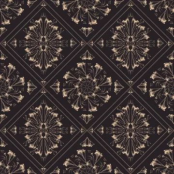Geometric symmetrical seamless pattern with herbarium elements. Stock Illustration