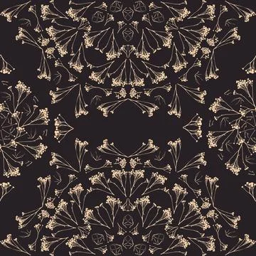 Geometric symmetrical seamless pattern with herbarium elements. Stock Illustration