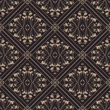 Geometric symmetrical seamless pattern with herbarium elements. Stock Illustration
