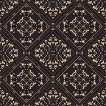 Geometric symmetrical seamless pattern with herbarium elements. Stock Illustration