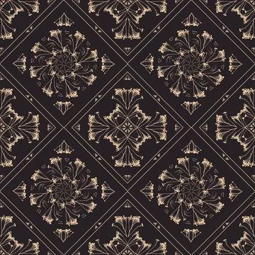 Geometric symmetrical seamless pattern with herbarium elements. Stock Illustration