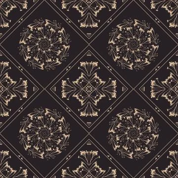 Geometric symmetrical seamless pattern with herbarium elements. イラスト素材