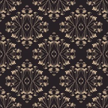 Geometric symmetrical seamless pattern with herbarium elements. Stock Illustration