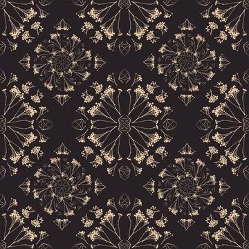 Geometric symmetrical seamless pattern with herbarium elements. Stock Illustration