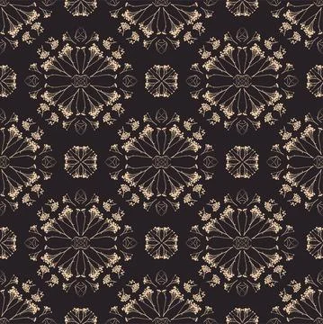 Geometric symmetrical seamless pattern with herbarium elements. 库存插图