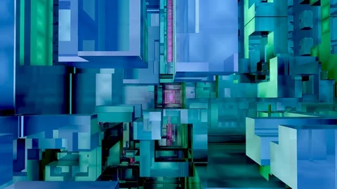 Geometric, technological landscape. Cold colors: blue and green. 3D fractals. Stock-Footage 129804357