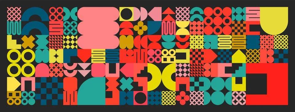 Geometric texture with simple shapes, symbols. Colorful primitive elements and イラスト素材