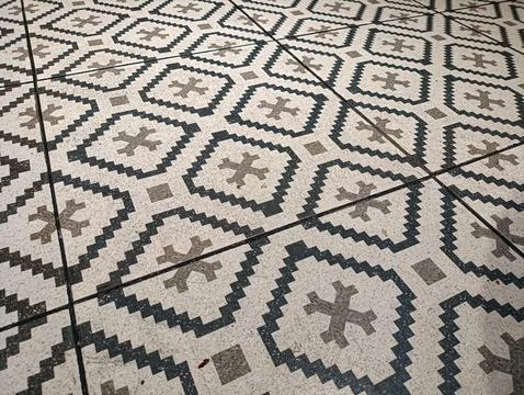 A Geometric tiles form a vintage pattern. Dark lines contrast with lighter .. Stock Photos