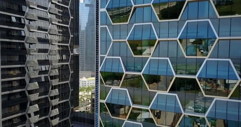 Geometric tower windows wide high angle aerial view in Singapore Видео 78281723