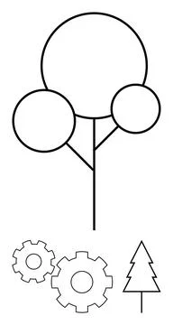 Geometric Tree and Gear Elements Depicting Nature and Technology Interconnection Stock Illustration