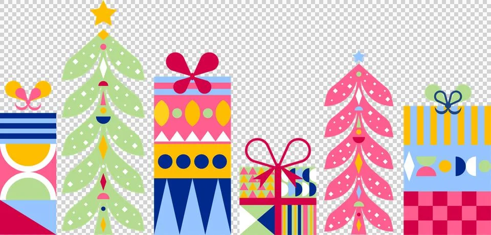 Geometric trees and patterned gift boxes are appearing in flat design with 스톡 일러스트
