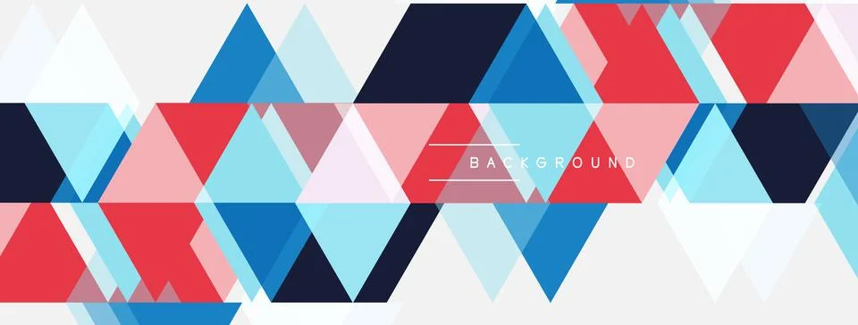Geometric triangles create vibrant pattern. Blue, red, light blue shades Stock Illustration