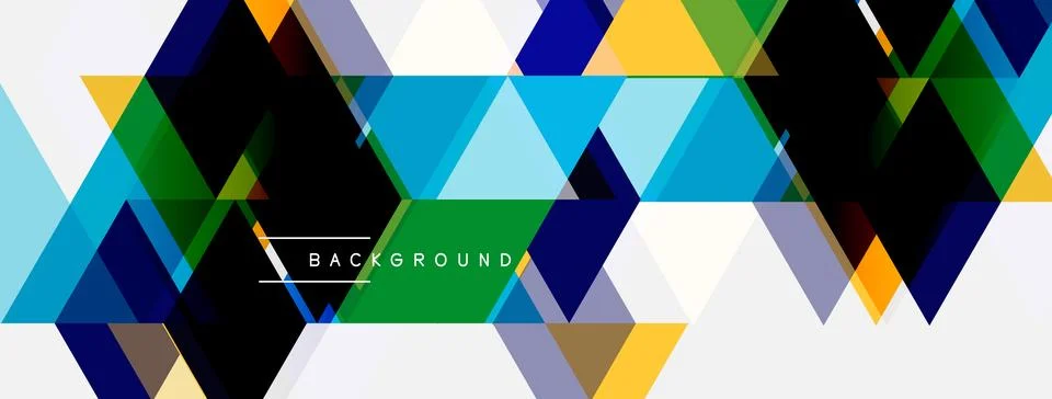Geometric triangles form abstract background. Colors include blue, green, y.. Illustrazione stock