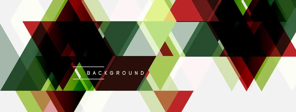 Geometric triangles form abstract background. Green, red, white shades create Illustrazione stock