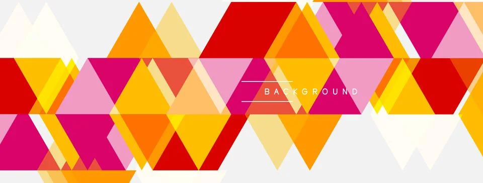 Geometric triangles form vibrant pattern. Orange, pink, red hues dominate d.. Illustrazione stock