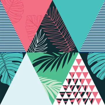 Geometric triangles with green, red, white and black leaf and stripe patterns Stock Illustration