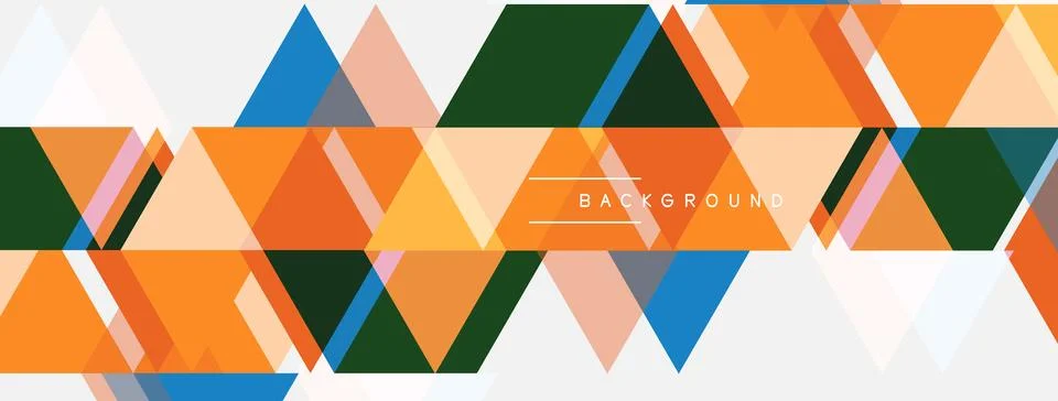 Geometric triangles overlap, creating vibrant pattern. Orange, blue, green hu Illustrazione stock