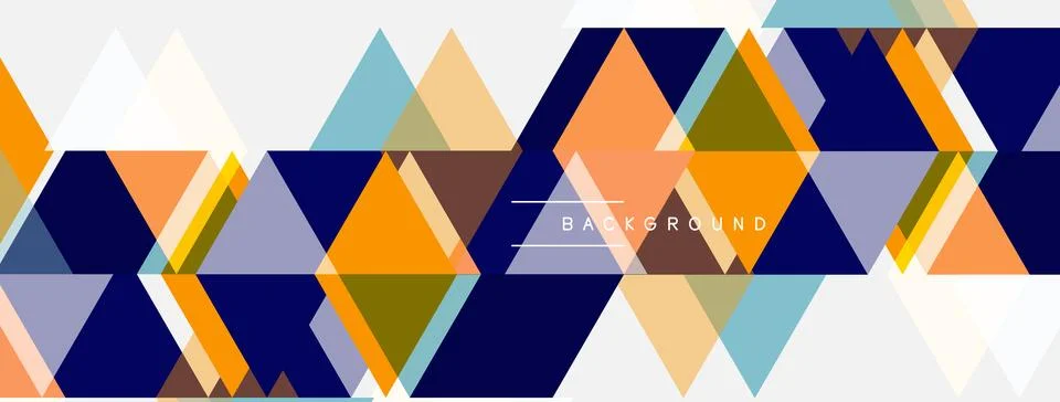 Geometric triangles overlap creating vibrant pattern. Colors include orange, Illustrazione stock