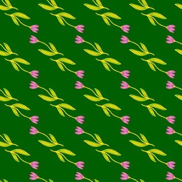 Geometric tulip flower seamless pattern on green background. Stock Illustration