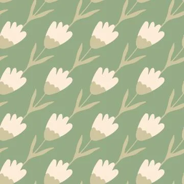 Geometric tulip seamless pattern on green background. Floral backdrop. Spring 스톡 일러스트