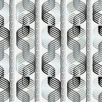 Geometric vector greek seamless pattern. Modern black and white waves backgro Stock Illustration
