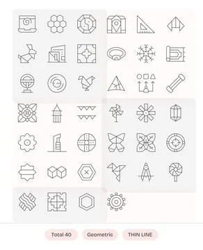 Geometric Vector Icon Toolkit featuring 40 Editable 128x128 Thin Line element Stock Illustration