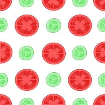 Geometric vegetables seamless pattern. Slices of tomatoes and cucumbers. Stock Illustration