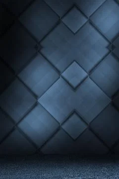 Geometric wall panel pattern is spanning moody 3D render interior with textured Stock Photos