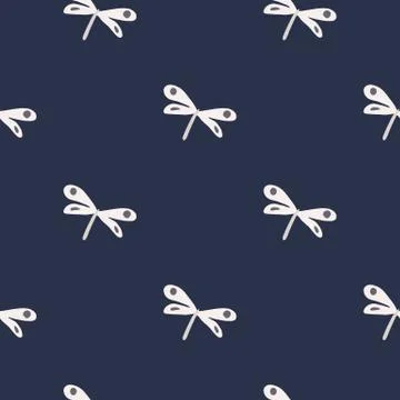 Geometric white dragonfly seamless pattern on blue background. Simple hand dr Stock Illustration