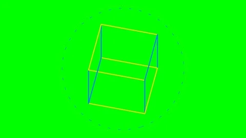 A geometric wireframe cube centered inside a dotted circular frame on green Stockbeeldmateriaal 340903761