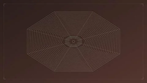 Geometric wireframe hexagon pattern with radial lines and central text on d.. Stock Illustration