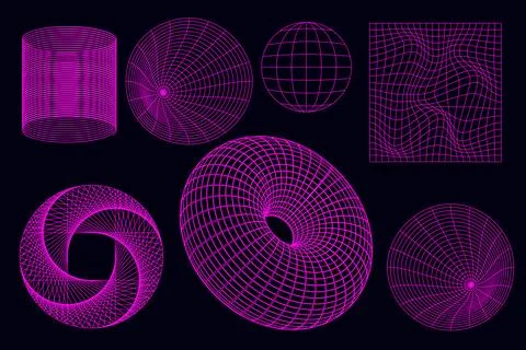 Geometric wireframe shapes and grids in neon pink. 3D abstract backgrounds, p 스톡 일러스트