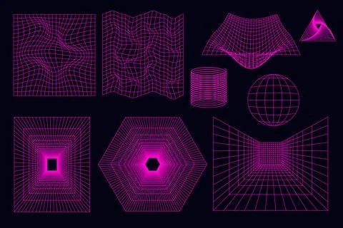 Geometric wireframe shapes and grids in neon pink. 3D abstract backgrounds,.. Stock Illustration