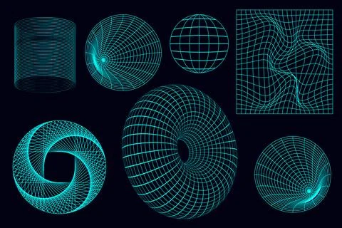 Geometric wireframe shapes and grids in neon color. 3D abstract backgrounds,  Stock Illustration