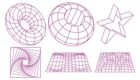 Geometric wireframe shapes and grids collection. Retro abstract neon elemen.. 스톡 일러스트