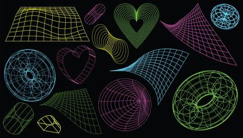 Geometric wireframe shapes and grids collection. Retro abstract neon elemen.. 스톡 일러스트